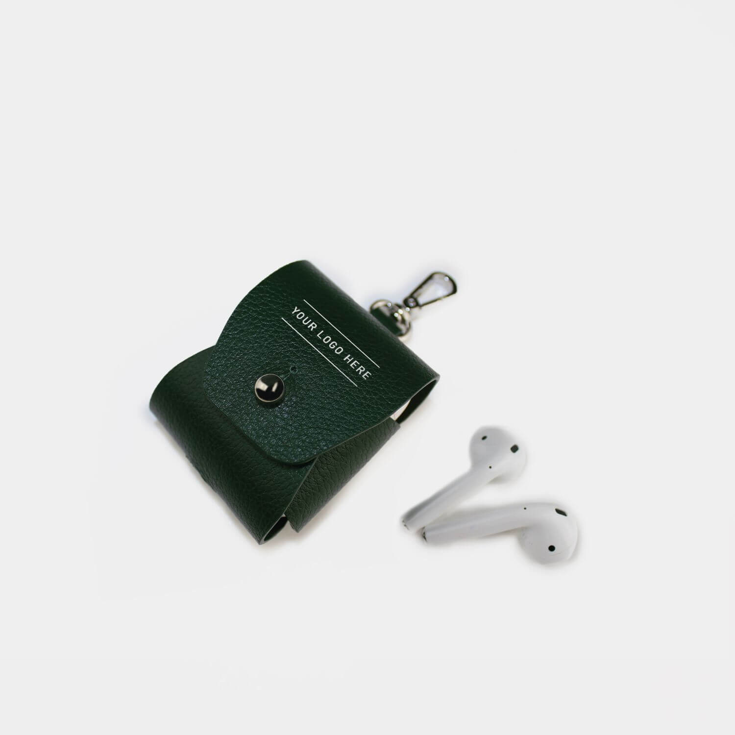 Fine grain leather airpod and airpod pro pouch with clip to secure onto bag, branded with your company logo