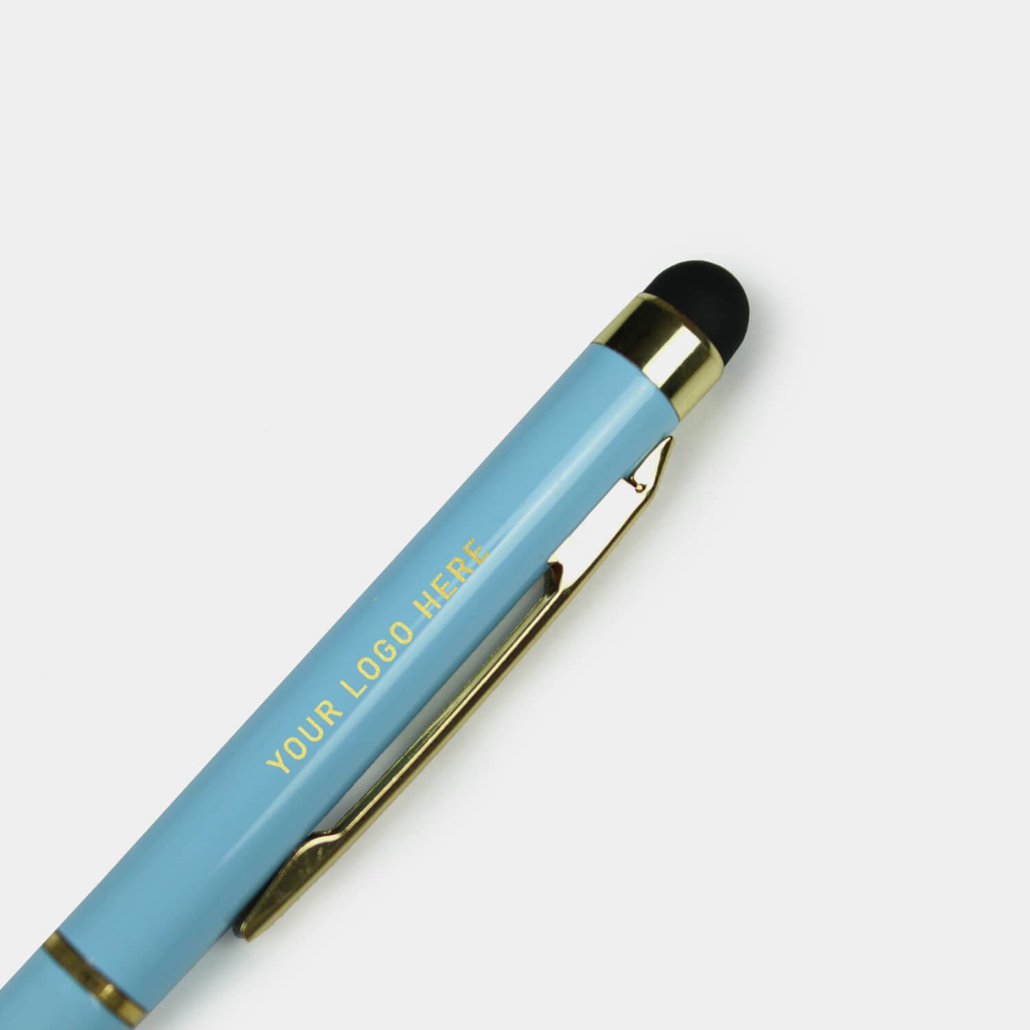 Slim ballpoint pen with aluminium alloy, metal alloy and rubber stylus, black and blue inc. Engraved with your company logo