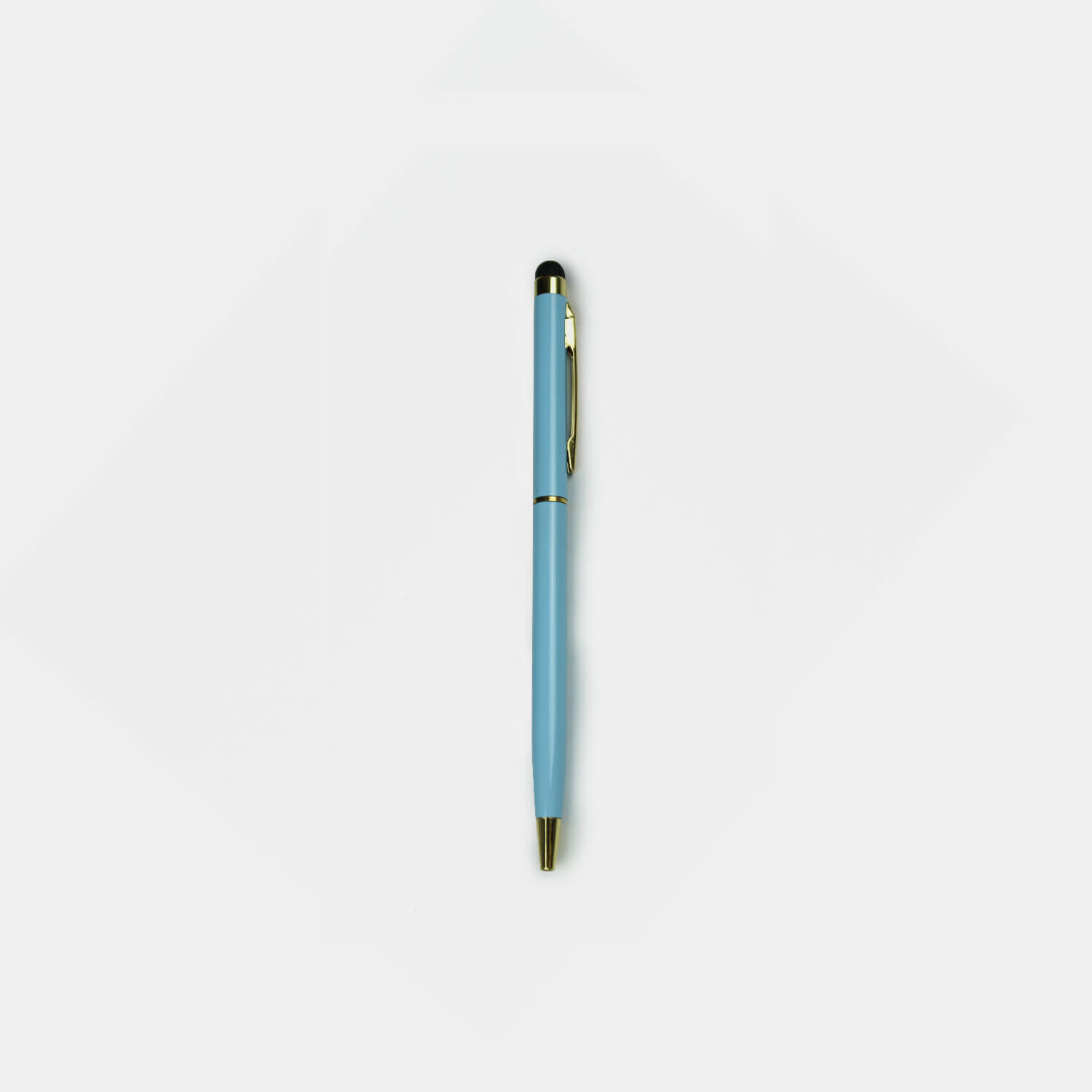 Slim ballpoint pen with aluminium alloy, metal alloy and rubber stylus, black and blue inc. Engraved with your company logo