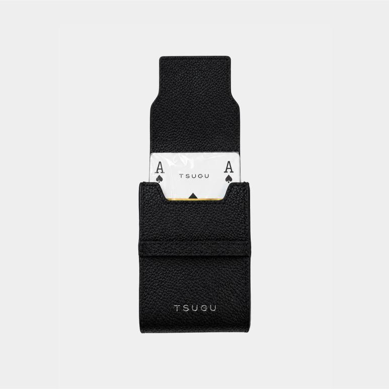 Personalised leather playing card case with branded playing cards