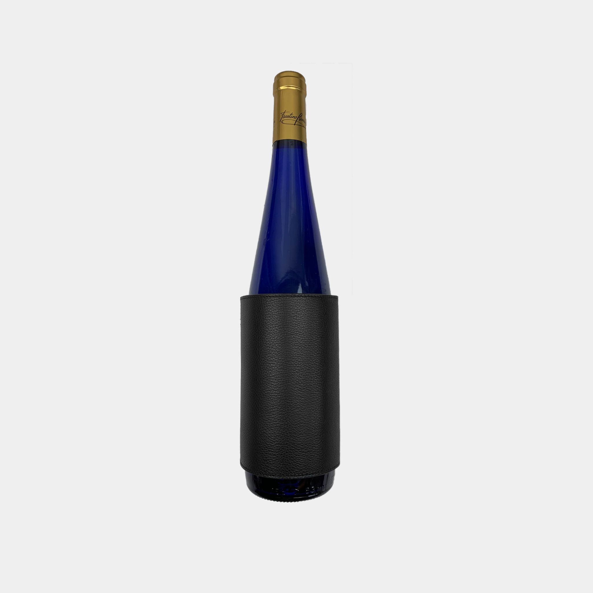 Custom made leather bottle sleeve for wine and champagne, embossed with your brands logo.